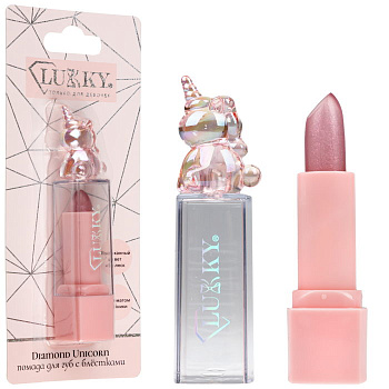 Lukky Diamond Unicorn Помада для губ с блестками с ароматом клубники,цвет роз., 3,4 гр,блистер Т2649