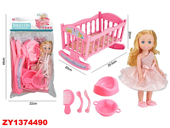 Кукла 30см 004-29 с кроваткой и набором д/кормл. в пакете