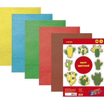 Фетр  5л. 5цв. А4 deVENTE "Яркие цвета" 8040756 2мм, пласт. пакет ев./подвесом