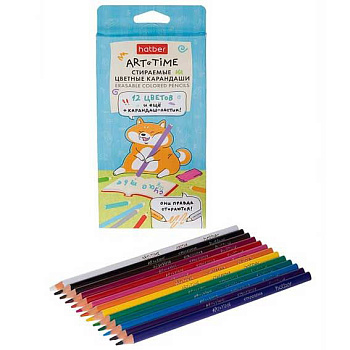 Карандаши пластик. 12цв. ХАТ "Art Time" 093058 стираемые,+1карандаш-ластик,трёхгр.,к/к