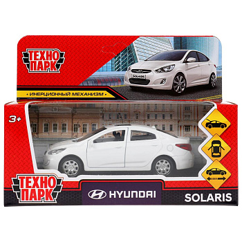 Машина металл HYUNDAI SOLARIS, 12 см, двери, багажн, инерц, белый, кор. Технопарк SOLARIS-12-WH