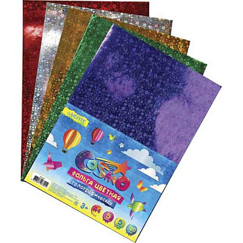 Бумага цв. фольгир. А4  5л. 5цв. deVENTE голограф.8040507 пл. пакет с е/подвес