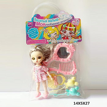 Куколка 600-89 (шарнир) с набором (расческа,зеркало,сумочка) в пакете