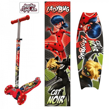Самокат-кикборд "Леди Баг и Супер-Кот" кол.PU 120и80мм свет,упр.накл,рег.рул.сто