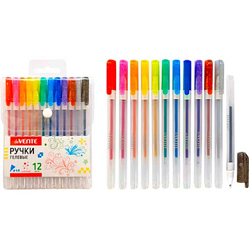 Набор гел. ручек 12цв. deVENTE "Hit Glitte" 5051377 с блёстк.,1мм,прозрачн.мат.к