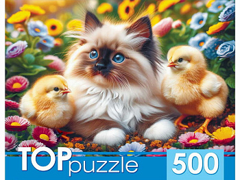 Пазлы (500эл) Котёнок и цыплята ХТП500-8744