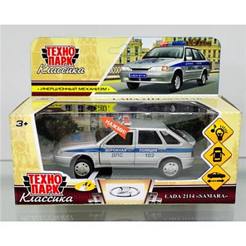Машина Технопарк металл. Lada-2114 Samara Полиция (12см) звук,свет,откр.дв,багаж 2114-12SLPOL-SR