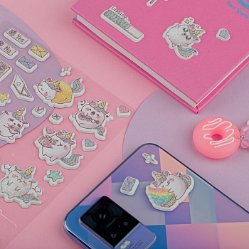 Наклейки объемные MESHU "Cute unicorn", 10*23см, с блестками,  пакет европодвес