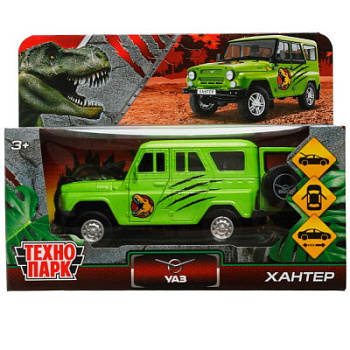 Машина Технопарк металл. UAZ Hunter Динозавры салатовый (11,5см) дв,баг,инерц,в/к HUNTER-12DIN-GN