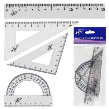 Набор геом. ЛУЧ (4предм.) 33С 2211-08 (линейка 15см, 2треуг.,трансп.) прозрачный 