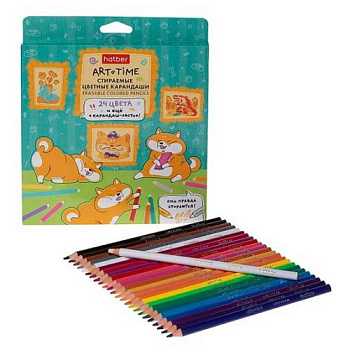 Карандаши пластик. 24цв. ХАТ "Art Time" 093060 стираемые,+1карандаш-ластик,трёхгр.,к/к