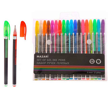 Набор гел. ручек 18цв. MAZARI M-5484-18 с блёст.,0,9мм,пвх уп.,е/подвес