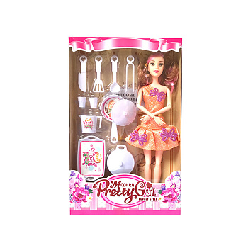 Кукла JM520-15 (шарнир) с посудой в/к