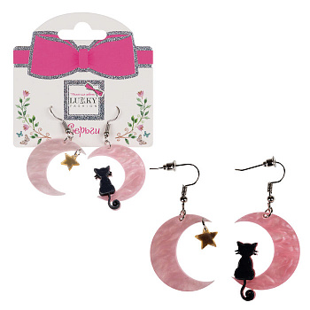 Lukky Fashion Серьги с подвесками пластик Лунный кот розовый перламутр Т24720