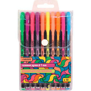 Набор гел. ручек 10цв. deVENTE "Neon Black" 5051813 1мм, корп.с цв.полосами,плас 5051813