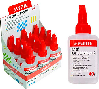 Клей канцелярский 40гр deVENTE 4040107 пласт.бут.,пласт.колп.со встроен.шпателем