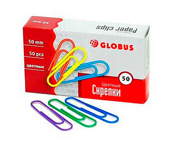 Скрепки 50мм  50шт. ГЛОБУС С50-50П метал.,овальные,цветные,к/к