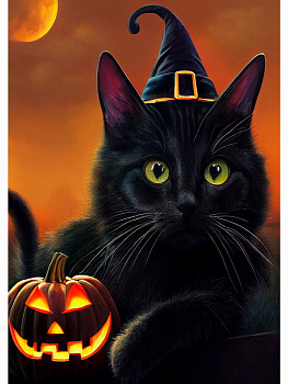 Алмазная мозаика классика (17х22см) Кошечка-ведьмочка с подрамником, с полным заполнением (17цв) НД-