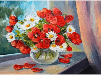 Алмазная мозаика класcика (17х22см) с подр,полн.зап. (21цв) Маки и ромашки НД-0722