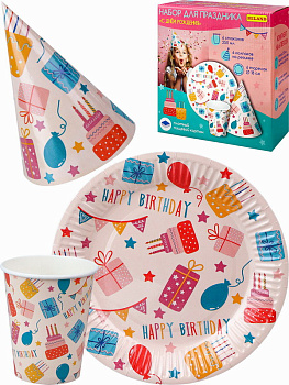 Набор д/праздника  С днём рождения (тарелка 6шт, стаканы 6шт, колпаки 6шт) НП-2136 