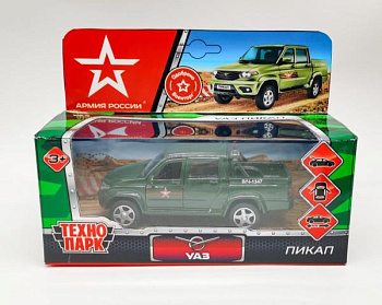 Машина Технопарк металл. UAZ Pickup Армия России (12см) откр.дв,багаж,инерц,в/к PICKUP-12ARR-GN