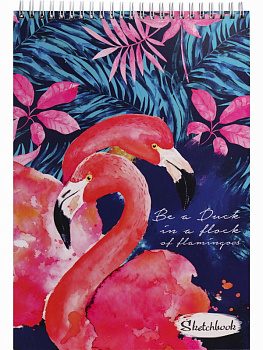 Скетчбук А4 50л. Красные фламинго 50-6004 на гребне,жесткая подложка,блок крафт
