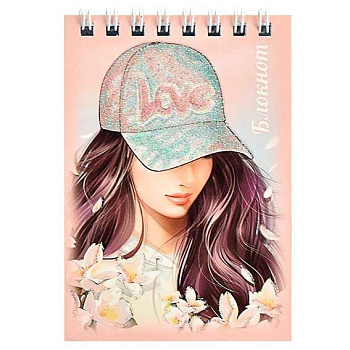 Блокнот А7  40л. ФЕНИКС спираль "Девушка в кепке" 68161 клетка,выб.уф-лак,глитте