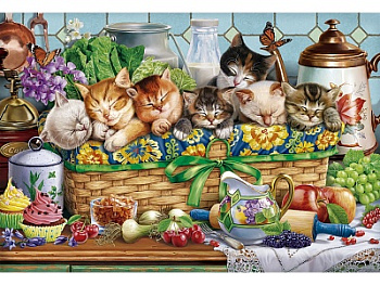 Алмазная мозаика классика (40х50см) c подр.полн.зап. (30цв) Котята в корзинке НД-8609