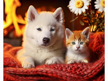 Алмазная мозаика классика (40х50см) Питомцы у камина с подрамником, с полным заполнением (30цв) НД-0