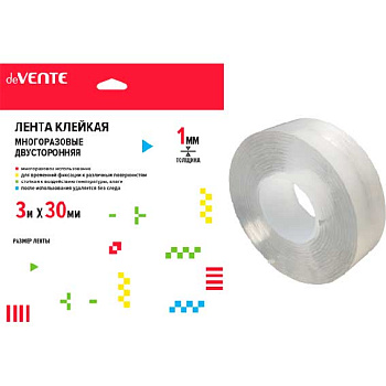 Скотч двусторонний 30мм*3м deVENTE "Nano Tape" 4163306 многораз.,прозрачная,1мм,