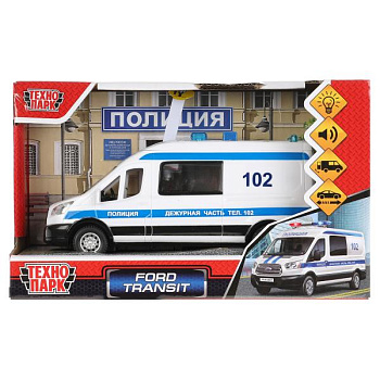 Машина Технопарк пласт. Ford Transit Полиция (16см) свет,звук,двери,зкнопки,в/к