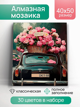 Алмазная мозаика классика (40х50см) Машина с цветами с подрамником, полное заполнение (30цв) НД-1293