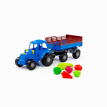 Трактор Мастер синий, с прицепом №2 + набор продуктов (6эл) в/сет 02277 (Полесье