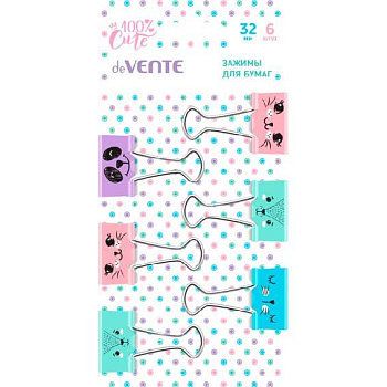 Зажим для бумаг deVENTE 32мм "100% Cute" 4131201 цв.металл.,карт.блист.